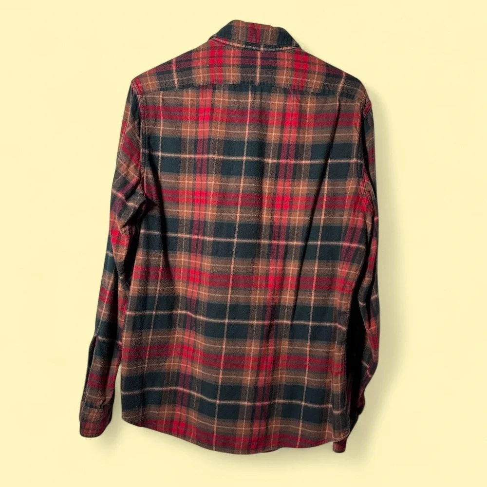 J. Crew Flannel Shirt Men Medium Red Brown Plaid Excellent Long Sleeve Button Up